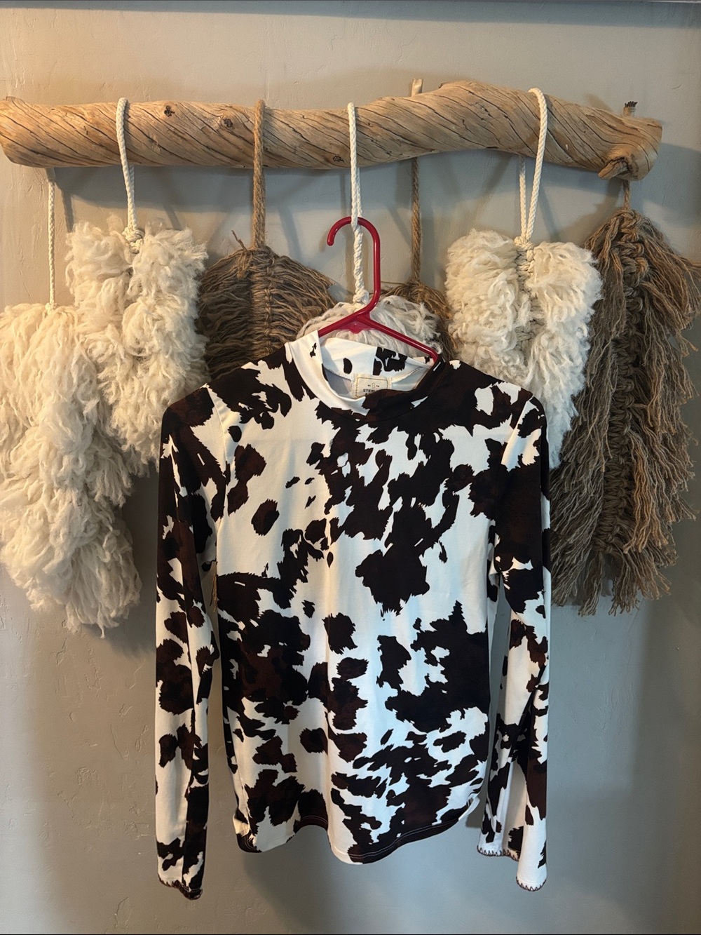 Cow-Print Crew Neck Sweater Top in White and Dark Brown